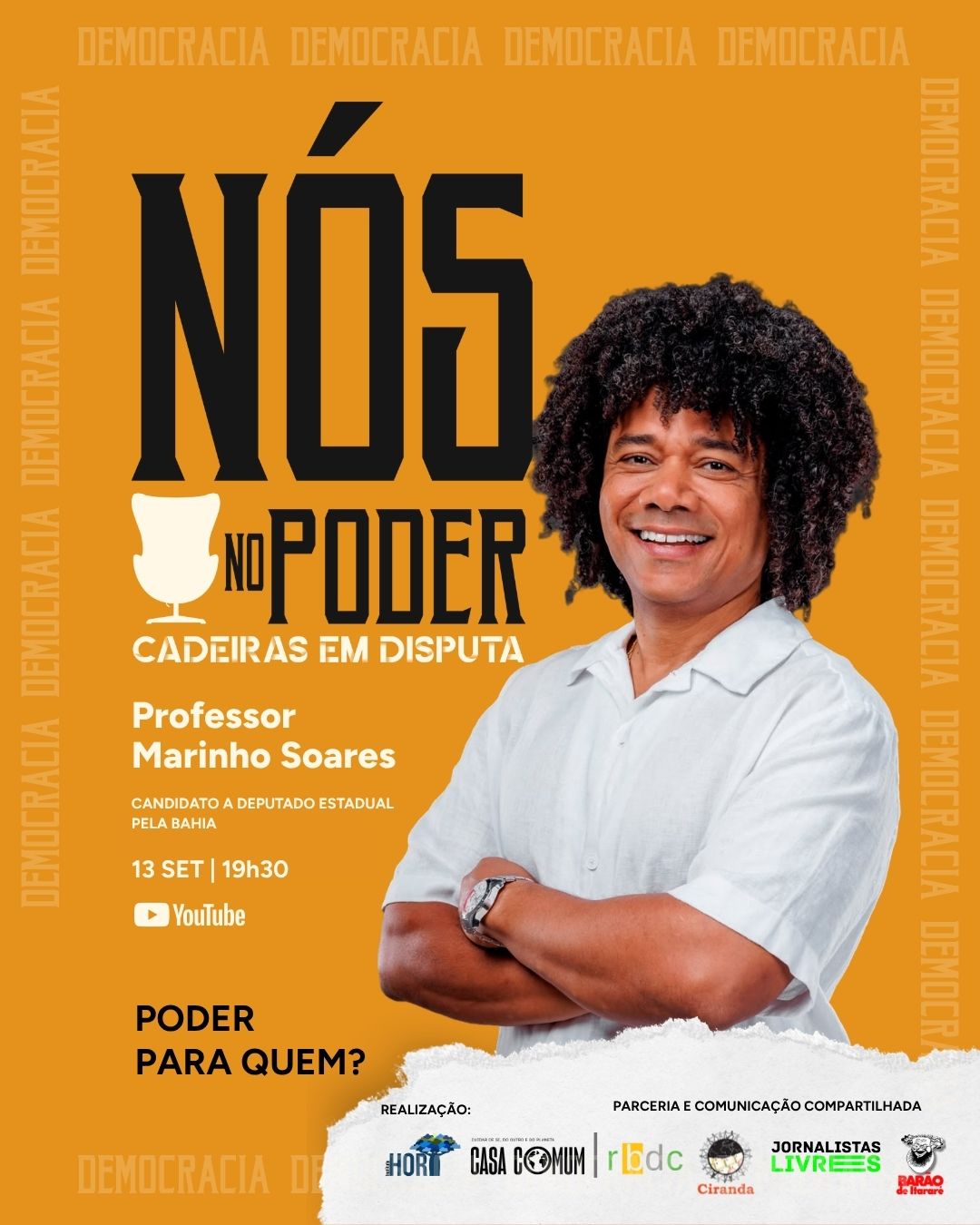 Card do Nós no Poder com Professor Marinho Soares, estreia em 13 de setembro às 19h30 no YouTube.